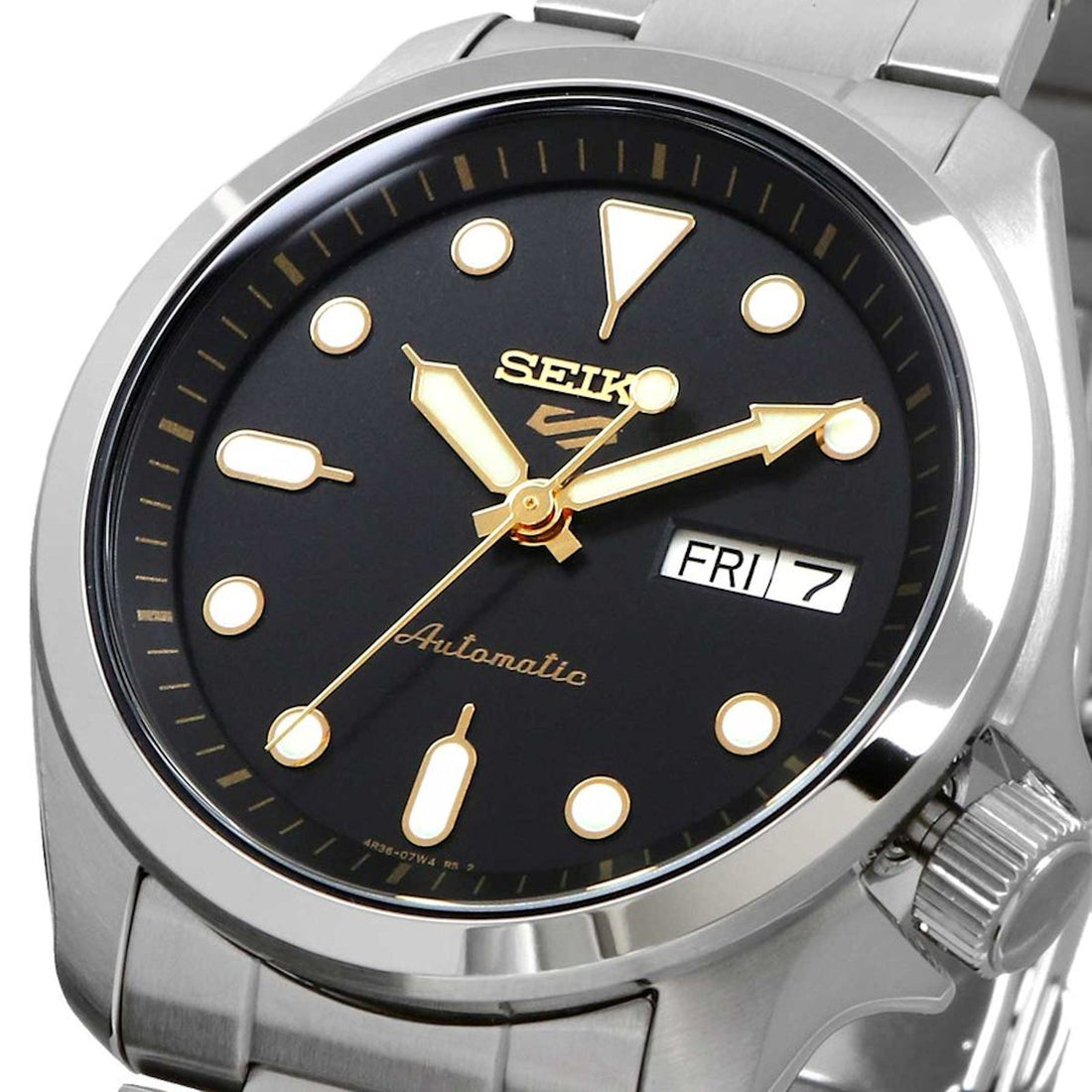 Orologio Uomo Seiko 5 Automatico Doppia Data Acciaio Quadrante Nero Dorato SRPE57K1
