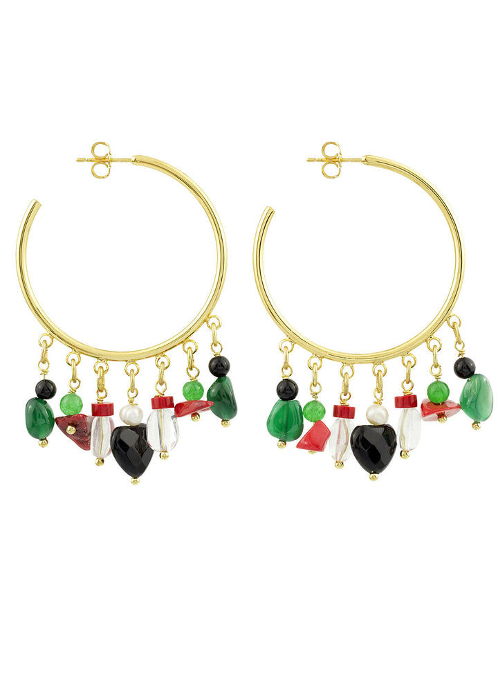 Orecchini Donna Lebole Settecento Cerchio Ottone Dorato Quarzo Corallo SC/O/VERDE