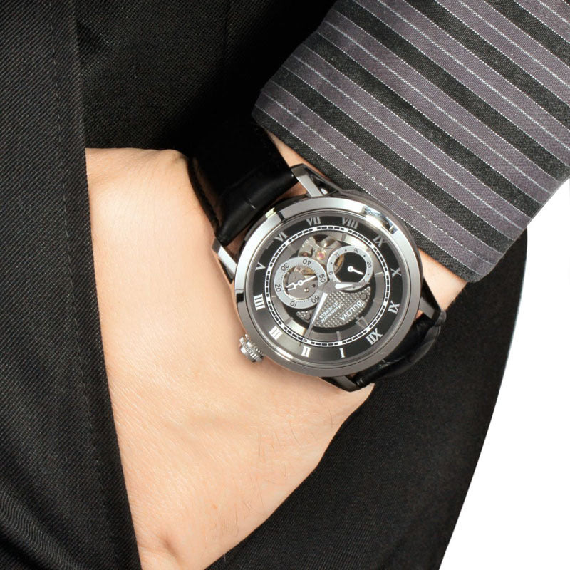 Orologio Uomo Bulova Automatico Sutton Acciaio Pelle Open Heart Nero 96A135