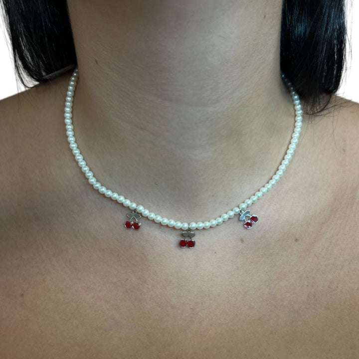 Collana Donna Re Mida Perle Argento Ciliegie Rosse Multiciondolo