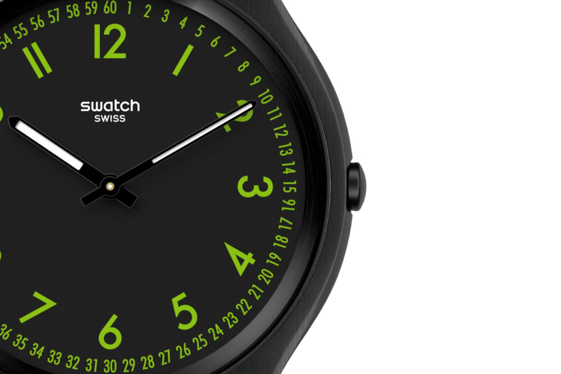 Orologio Uomo Swatch Quarzo Skin Nero Solo Tempo Numeri Verde Brushed Green SS07B108
