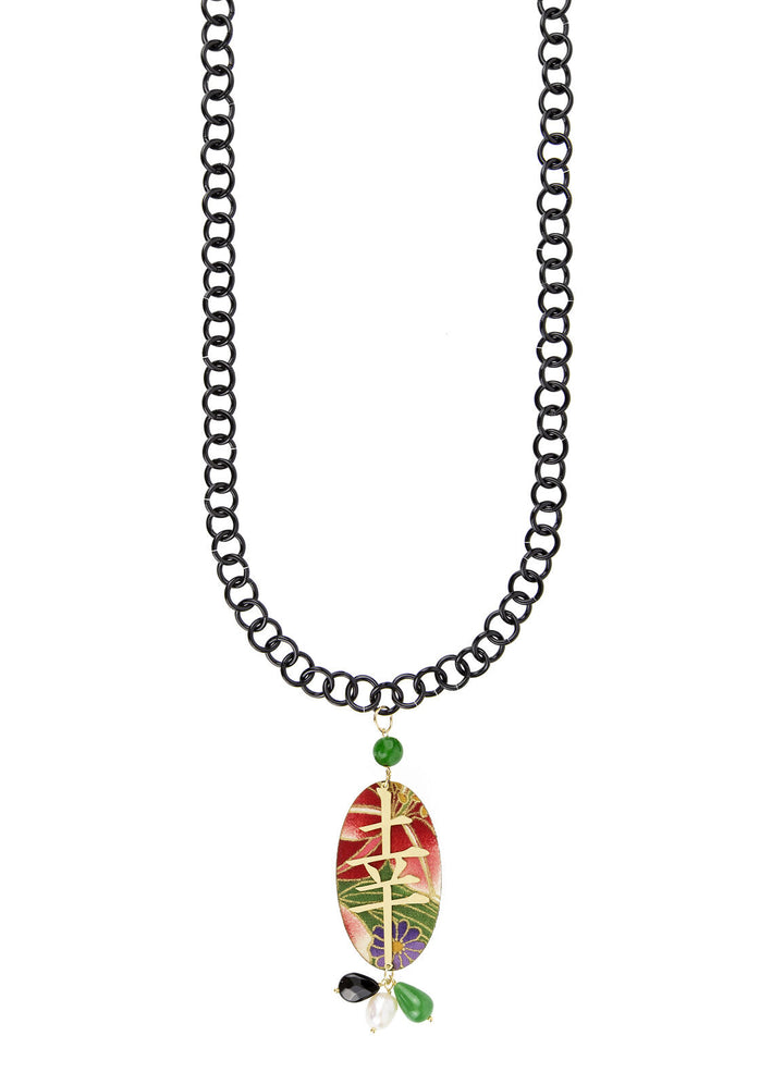 Collana Donna Lebole Tessuto Rosso Legno Kanji Grande Fortuna KJCL/S/Verde