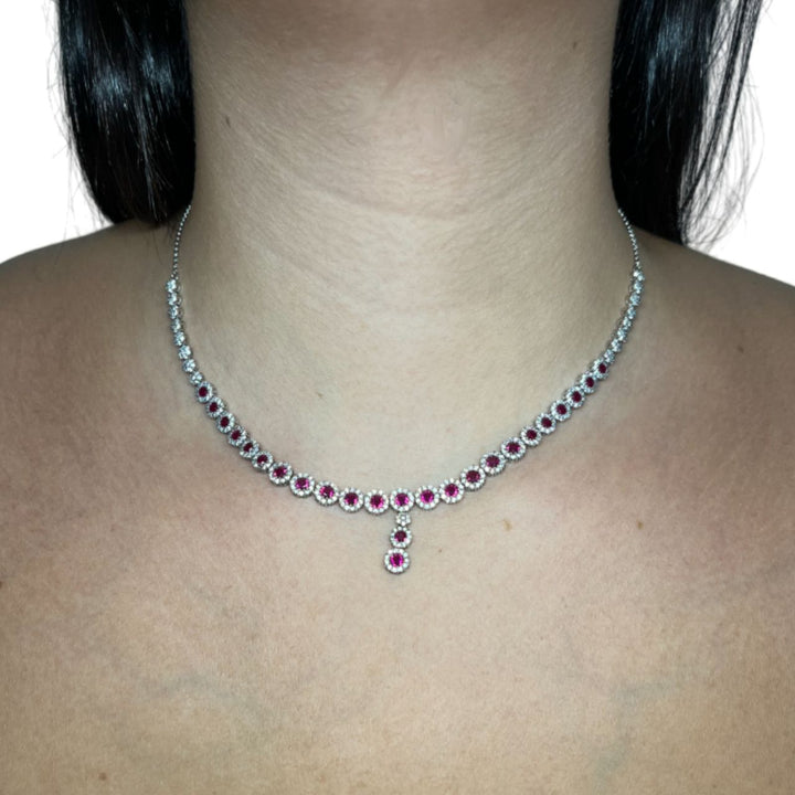 Collana Donna Re Mida Tennis Argento Fiori Zirconi Bianchi Rossi