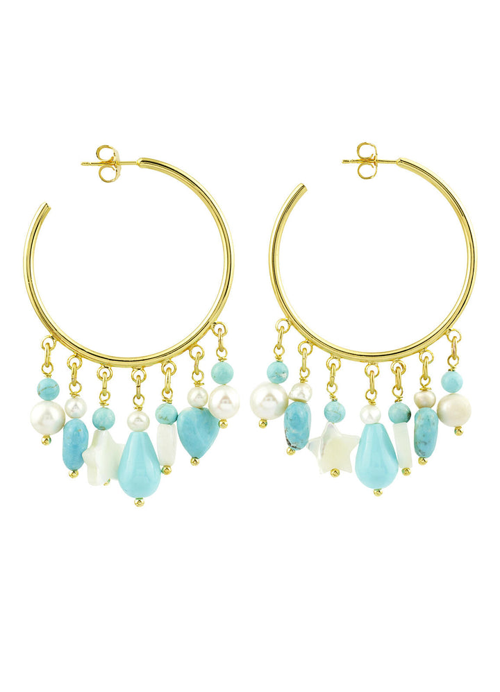 Orecchini Donna Lebole Settecento Cerchio Ottone Dorato Madre Perla SC/O/TURCHESE