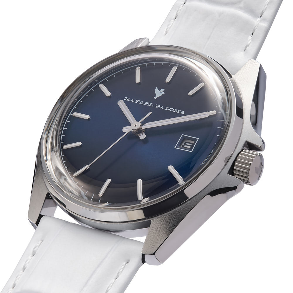 Orologio Uomo Acciaio Rafael Paloma Acciaio Pelle Bianca Blu Data ORP001009