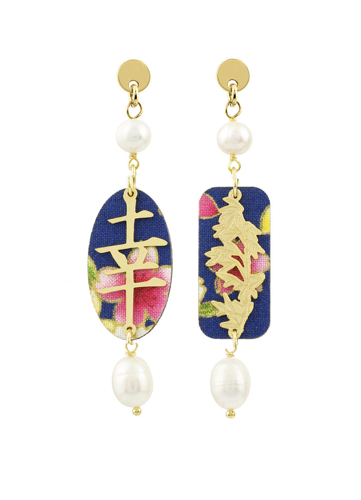 Orecchini Donna Lebole Tessuto Blu Legno Kanji Mini Fortuna KJM/S/FDOR Perla