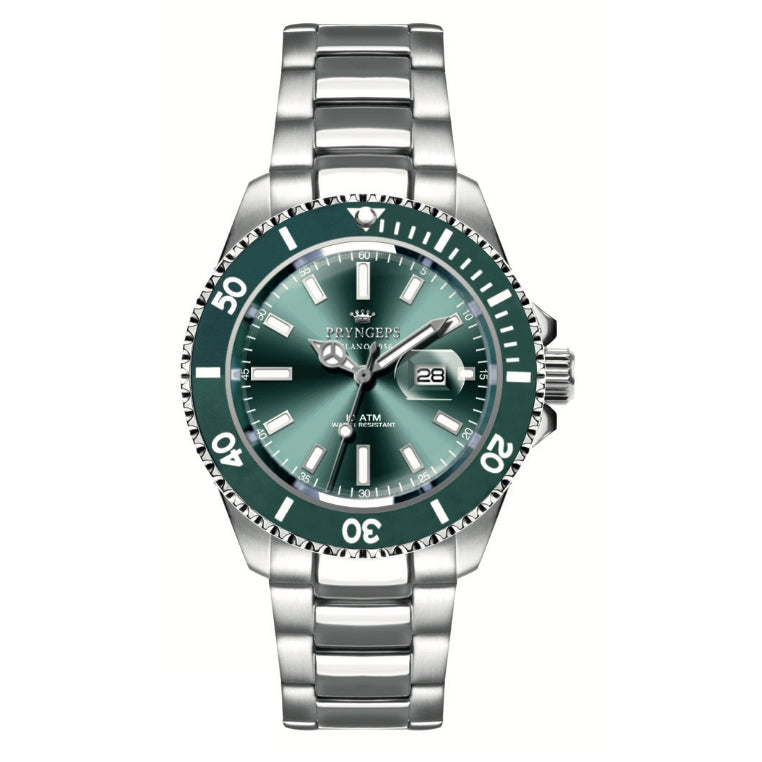 Orologio Uomo Pryngeps Mediterraneo Verde Acciao Quarzo Data SUB A1097/1 HULK