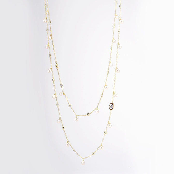 Collana Donna Cameo Italiano Argento Dorato 925 Fiore Cammeo Perle Zirconi C4-G
