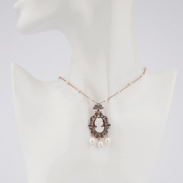 Ciondolo Donna Cameo Italiano Argento Rosè 925 Perle Zirconi P952-R