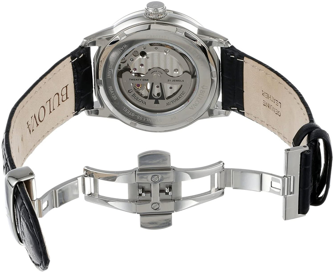 Orologio Uomo Bulova Automatico Sutton Acciaio Pelle Open Heart Nero 96A135