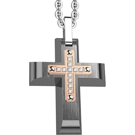 Collana Uomo Zancan Croce Acciaio Nero Zirconi Bianchi EHC231