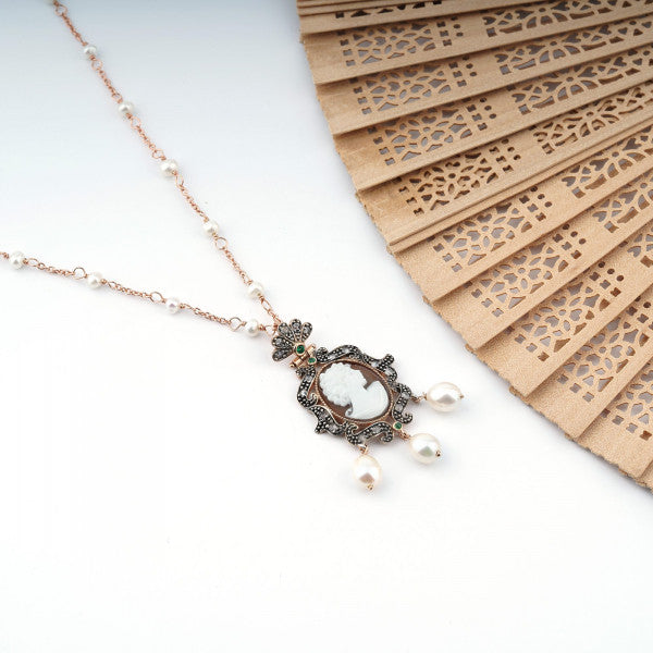 Ciondolo Donna Cameo Italiano Argento Rosè 925 Perle Zirconi P952-R