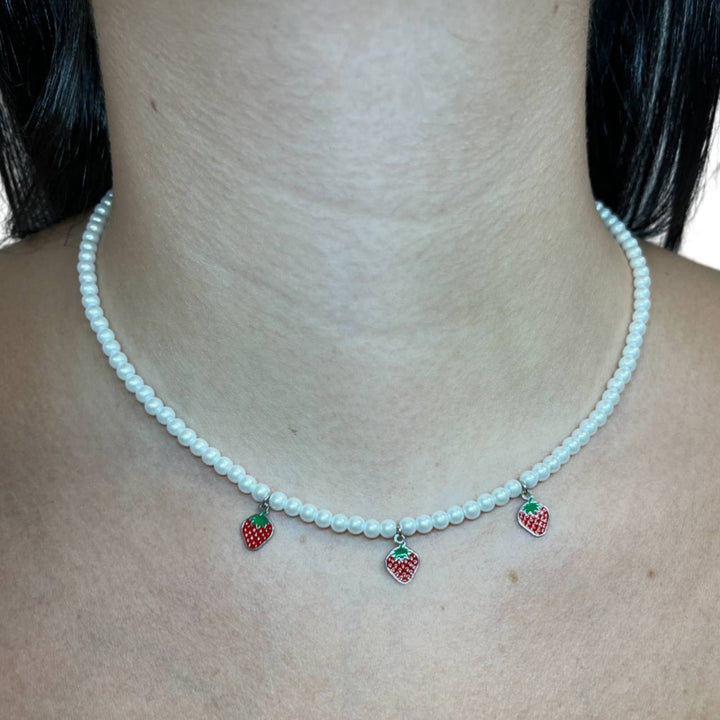 Collana Donna Re Mida Perle Argento Fragoline Rosse Multiciondolo
