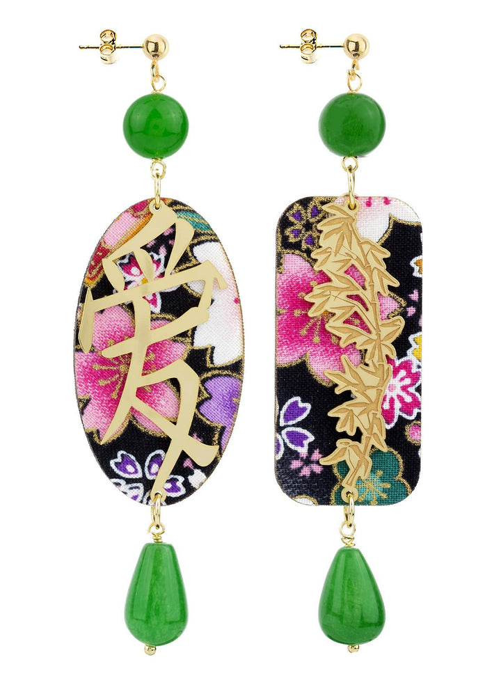 Orecchini Donna Lebole Tessuto Nero Fiori Legno Kanji Amore Grande KJM/S/AMO Verde