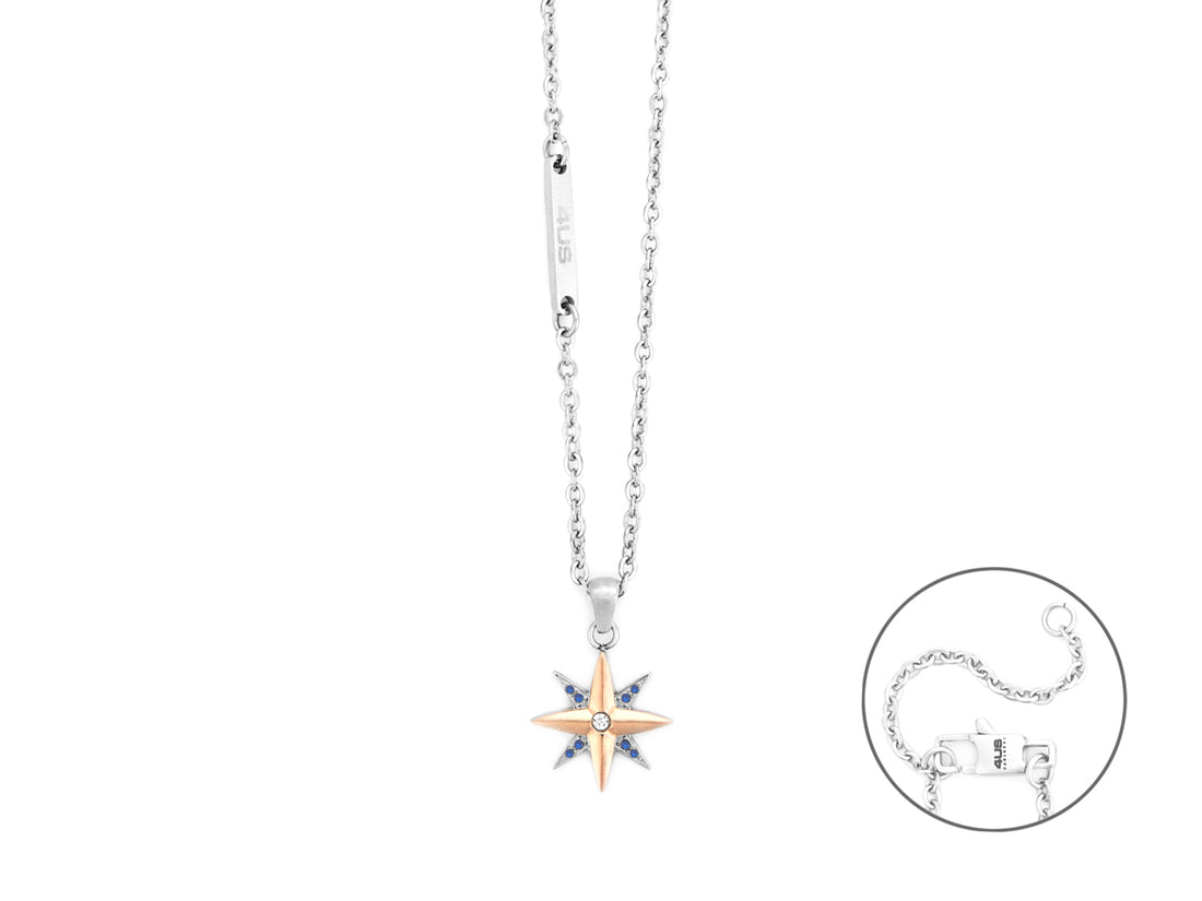 Collana 4US Cesare Paciotti Uomo  Acciaio Rosa Dei Venti Rosè Zirconi Blu 4UCL7793