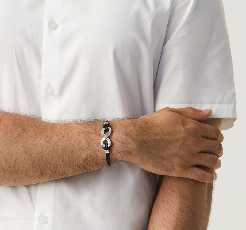 Bracciale Uomo Giovanni Raspini Argento 925 Cuoio Intrecciato Nodo Plachetta 10387