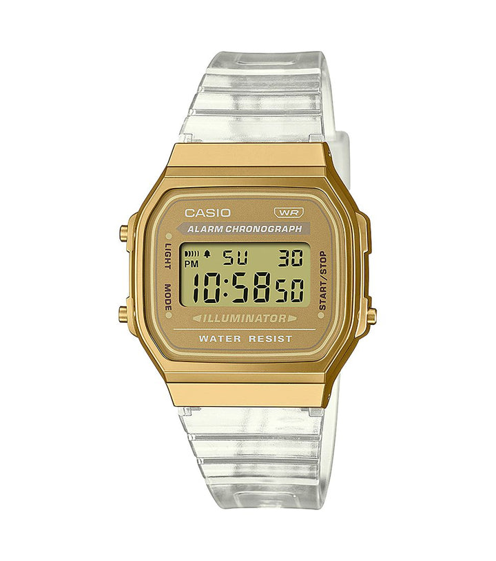 Orologio Unisex Casio Digitale Acciaio Dorato Gomma Trasparente A168XESG-9AEF