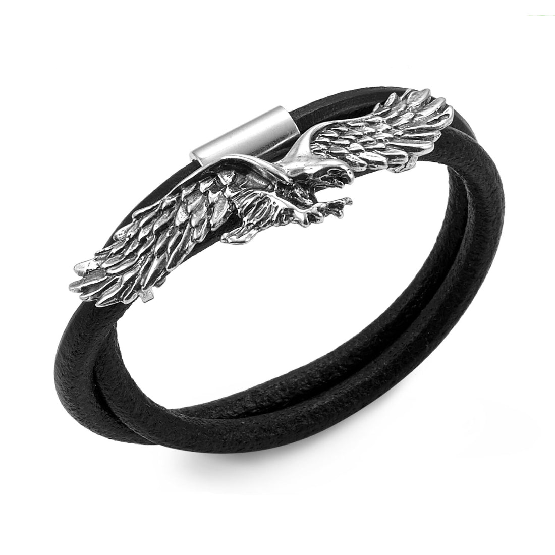 Bracciale Uomo Giovanni Raspini Argento 925 Jason Aquila Cuoio Nero Doppio 09732L