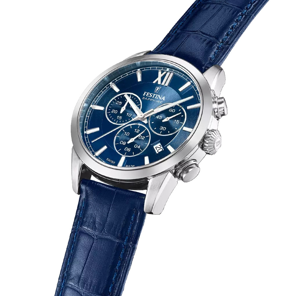 Orologio Uomo Acciaio crono Festina con cinturino pelle Swiss Made F20041/2