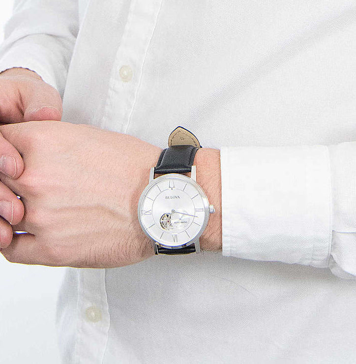 Orologio Uomo Bulova Automatico Clipper Pelle Nero Acciaio Open Heart 96A237