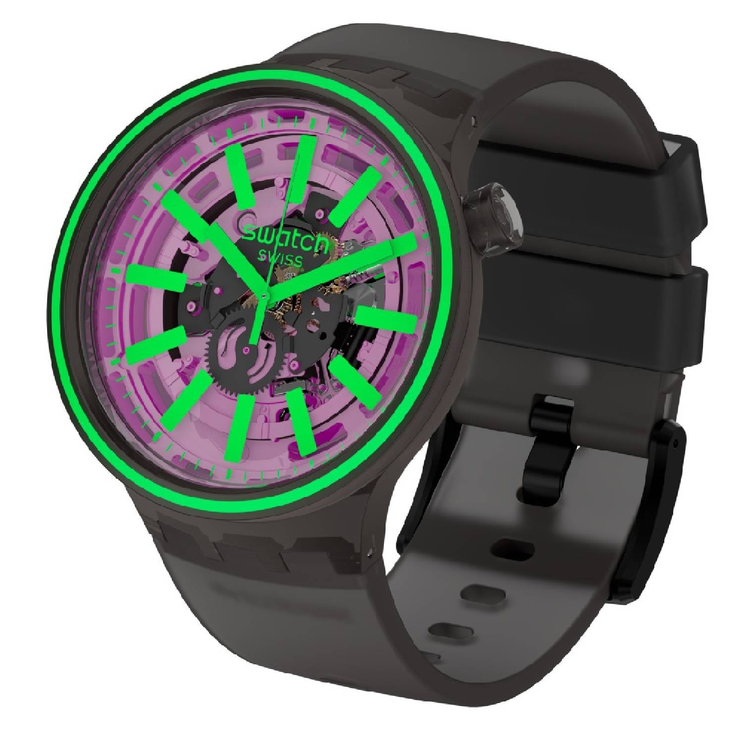 Orologio Uomo Silicone Gomma Swatch Big Bold Solo Tempo Quarzo Verde Nero Viola