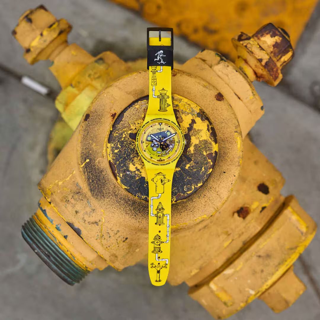 Orologio Unisex Swatch TIME WITH ANDY ANDERSON Nero SCheletrato Giallo SO29J101
