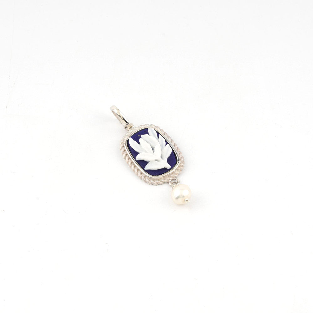 Pendente Donna Cameo Italiano Argento 925 Fiore Calla Incisa Cammeo Blu P501SPM-B