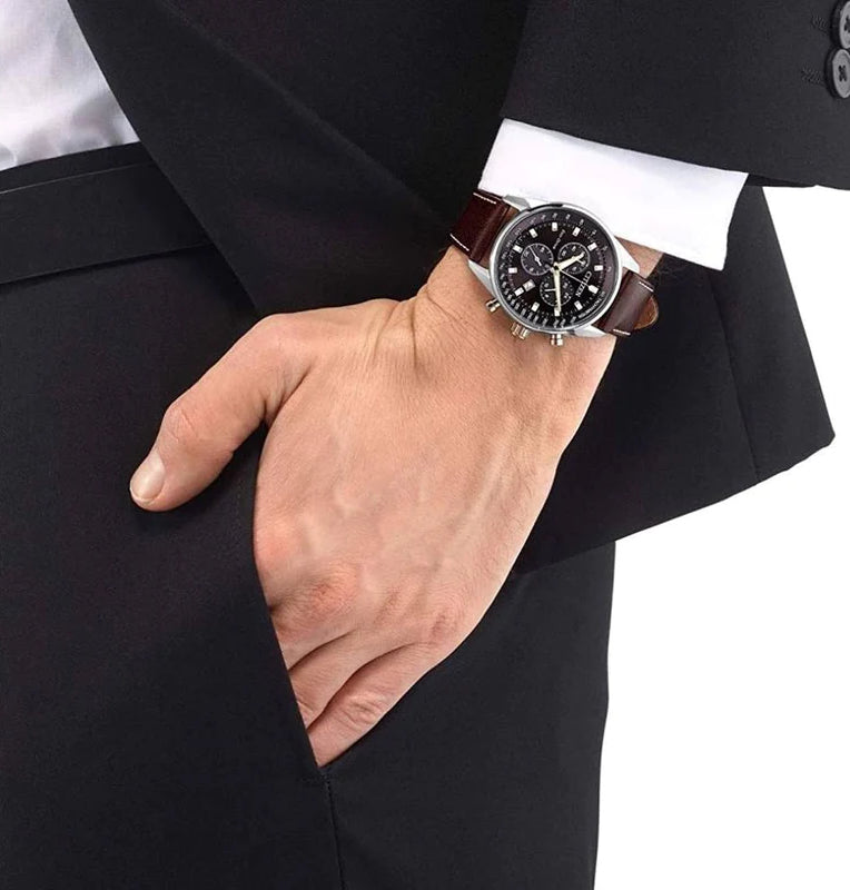 Orologio Uomo Citizen Eco Drive Cronografo Data Acciaio Pelle Marrone AT2396-19X