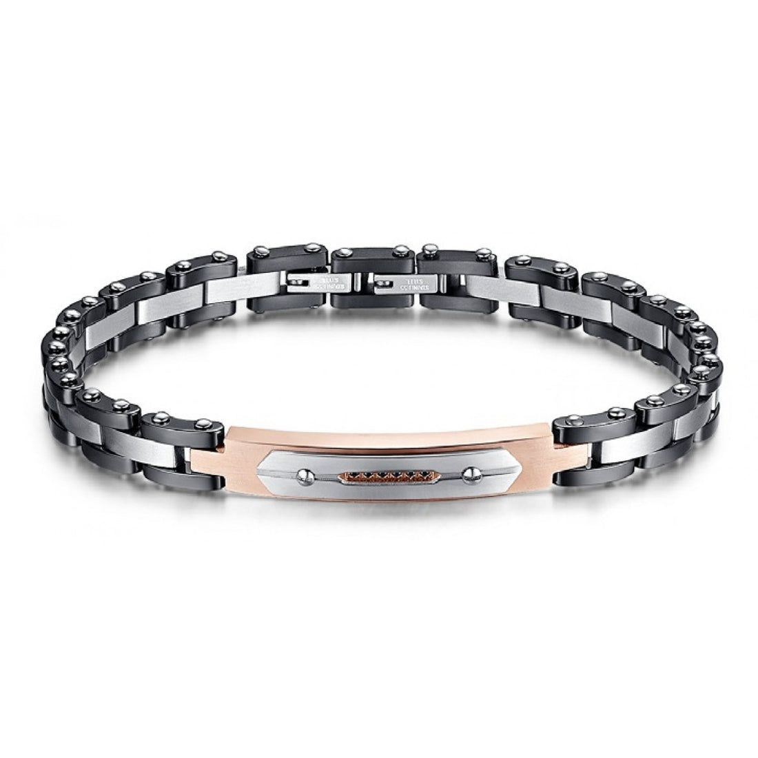 Bracciale Uomo Arkano Ceramica Nera Acciaio Rosè Zirconi Neri BAC41BNR