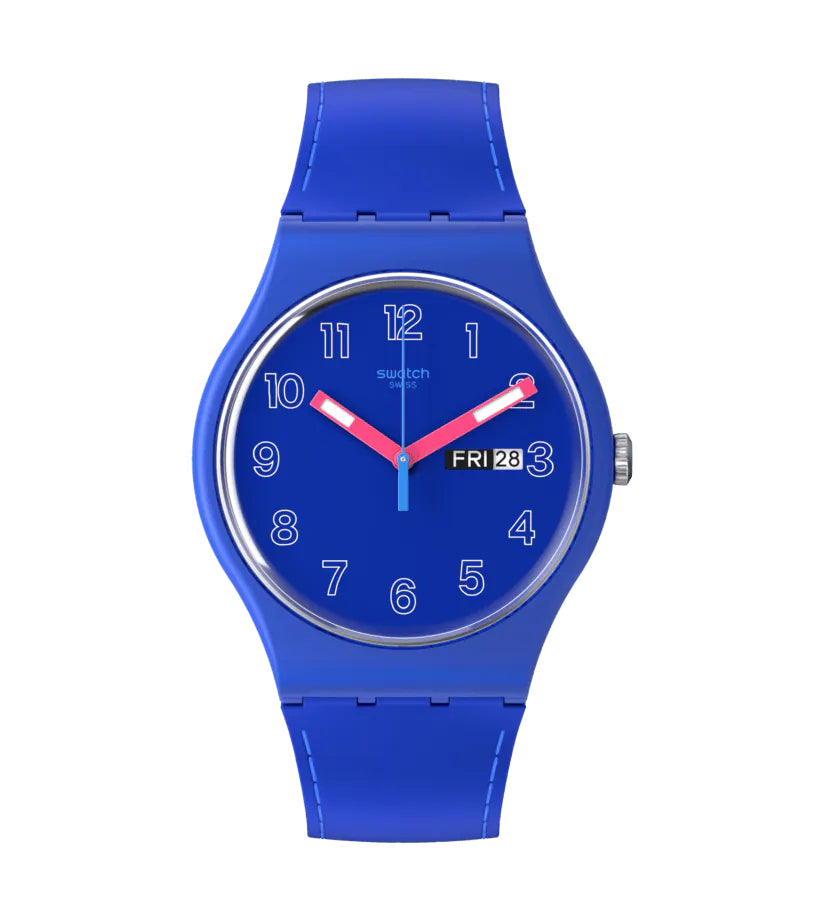 Orologio Unisex Swatch Quarzo Doppia Data Cobalt Disco Numeri Fluo Blu SO29N705