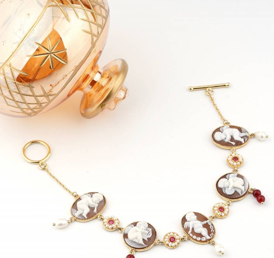 Bracciale Donna Cameo Italiano Argento Rosè 925 Angeli Perline B909-G