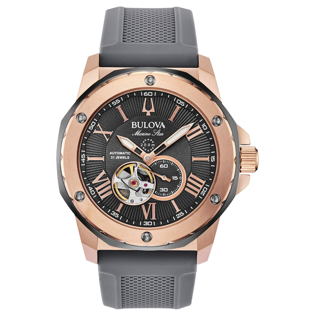 Orologio Uomo Bulova Automatico Marine Star Acciaio Rosè Gomma Antracite 98A228