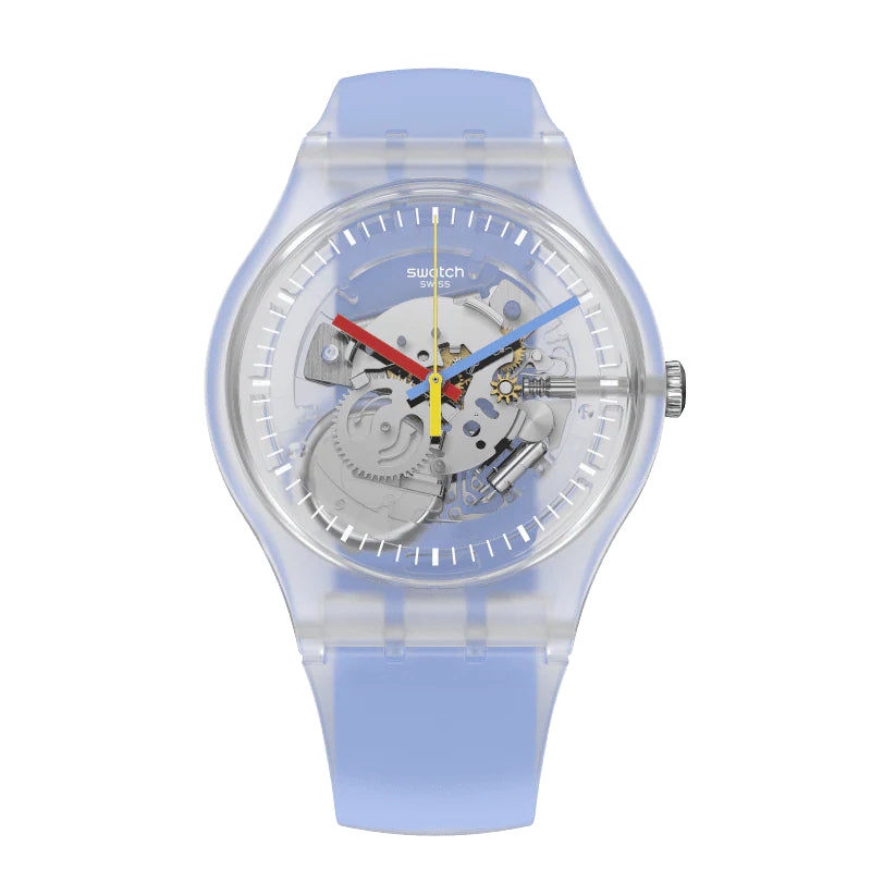 Orologio Uomo Swatch Quarzo Solo Tempo Monthly Drops Scheletrato Azzurro SUOK156