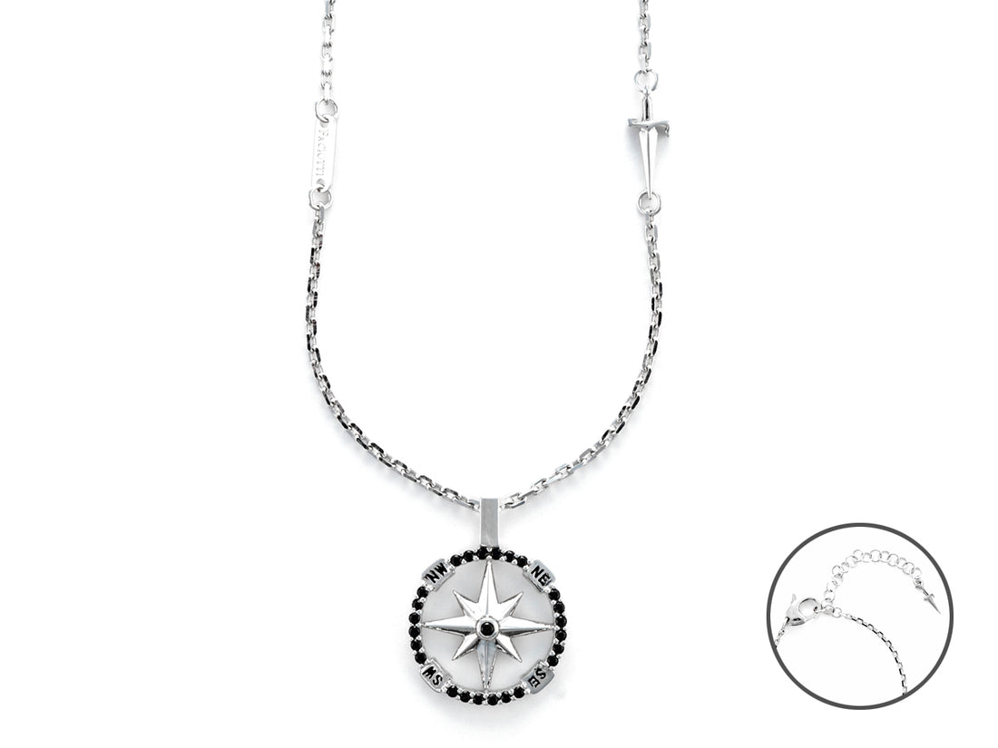 Collana Uomo Cesare Paciotti Argento 925  con rosa dei venti zirconi neri  JPCL2434B