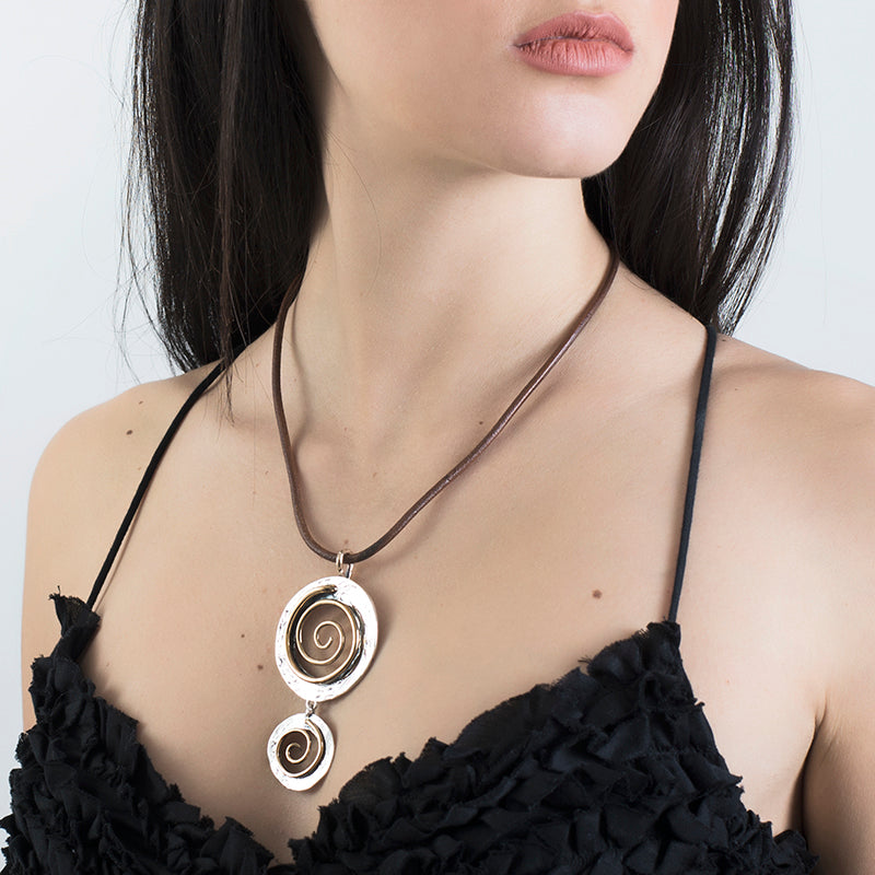Ciondolo Donna Nemoris Argento 925 Bicolore Spirali Laccio Cuoio HCS01 MOD.