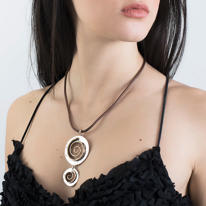 Ciondolo Donna Nemoris Argento 925 Bicolore Spirali Laccio Cuoio HCS01 MOD.