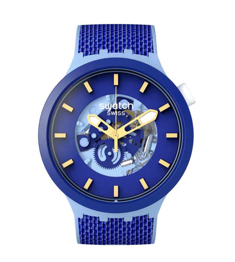Orologio Uomo Swatch Bioceramic Big Bold Quarzo Solo Tempo Blu Dorato SB05N105