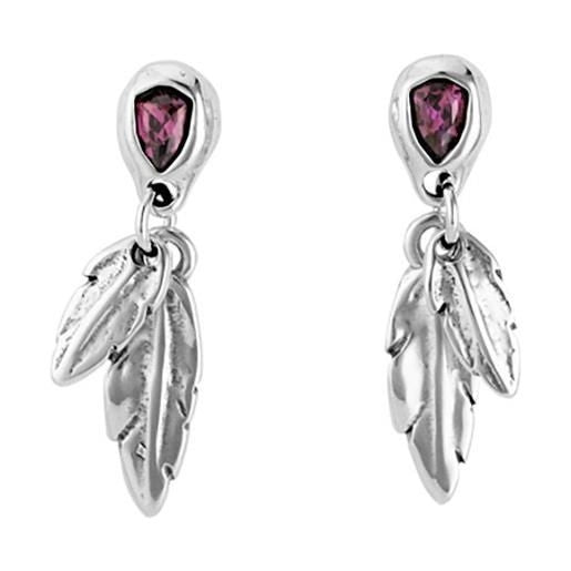 Orecchini Donna Uno De 50 Color Argento Con Cristalli Swarowski Viola E Pendenti Piuma