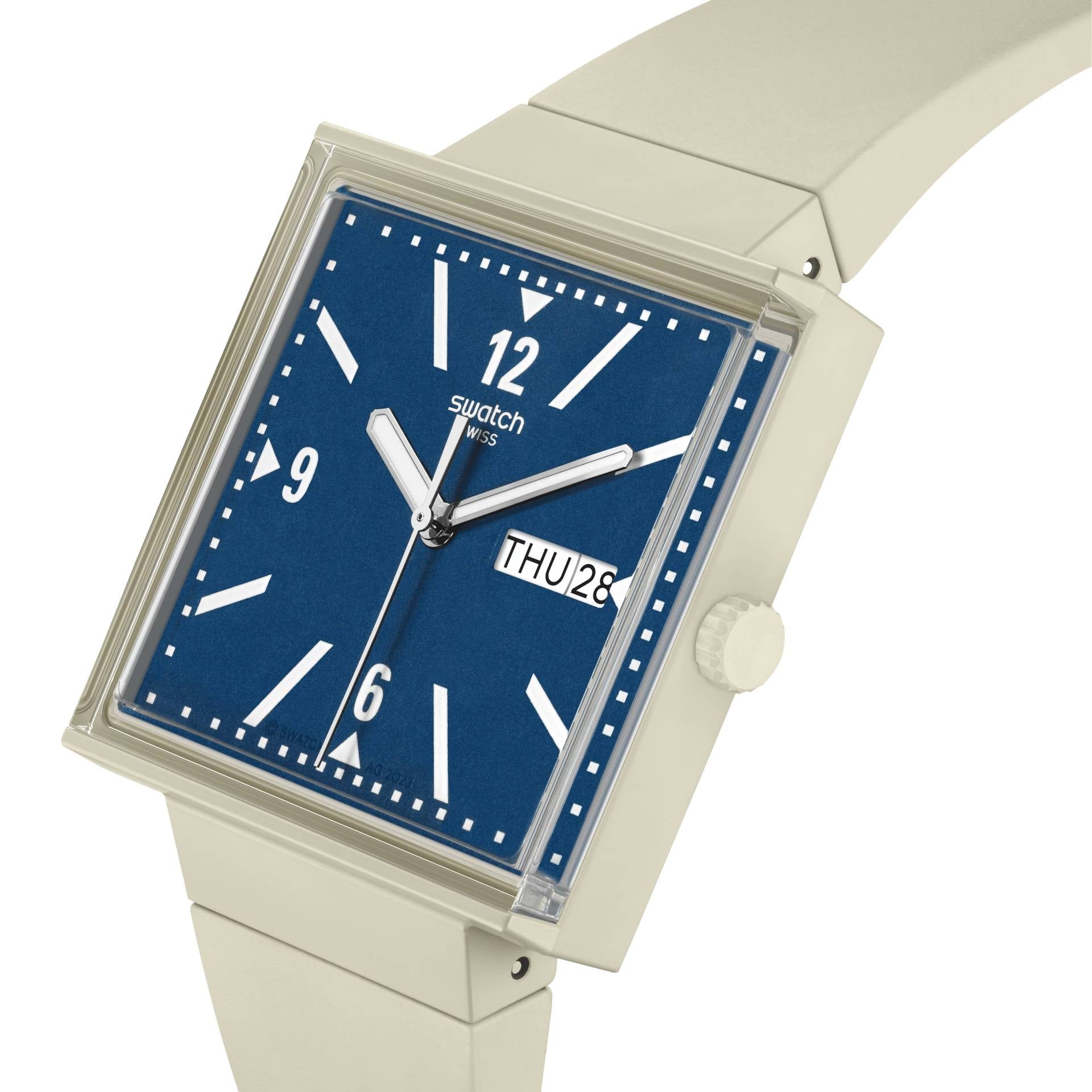 Orologio Unisex Swatch What IF Cassa Quadrata Beige Quarzo Doppia Data Blu SO34T700