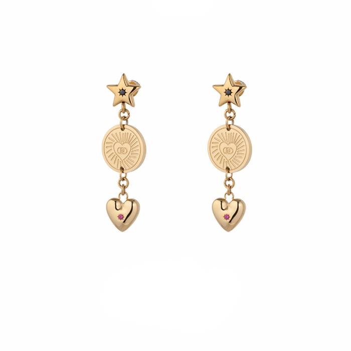 Orecchini Donna Liu Jo Acciaio Dorato Pendente Cuore Zircone Rosso LJ3185