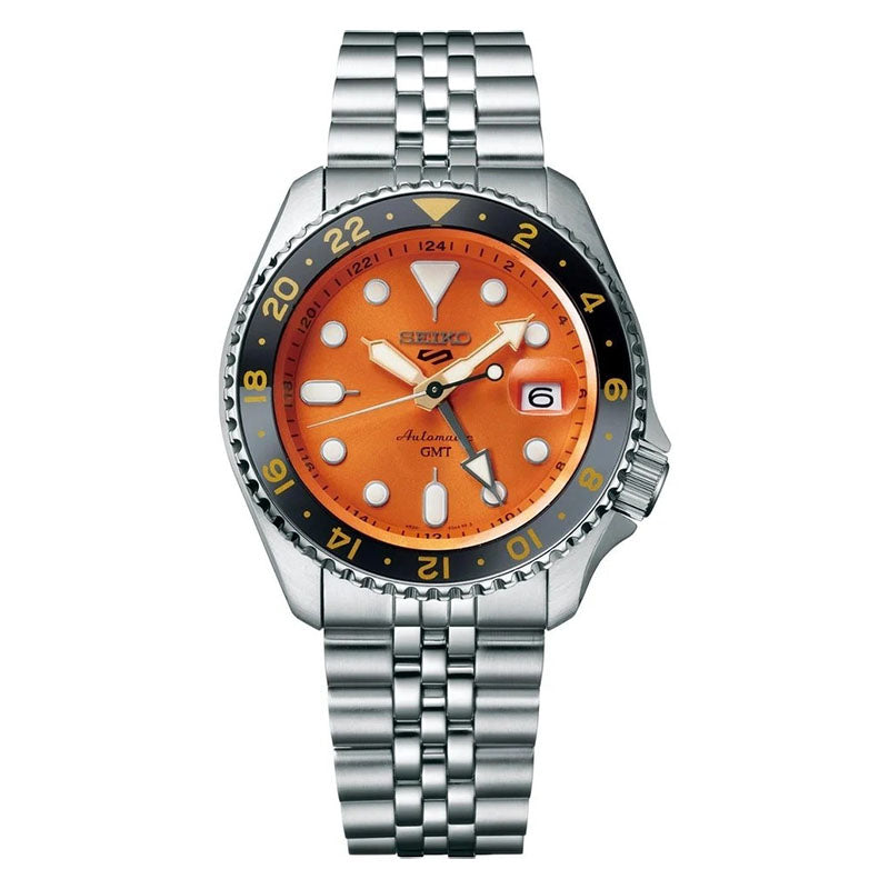 Orologio Uomo Seiko 5 Automatico GMT Arancione Acciaio Jubilè Ghiera Nera SSK005K1