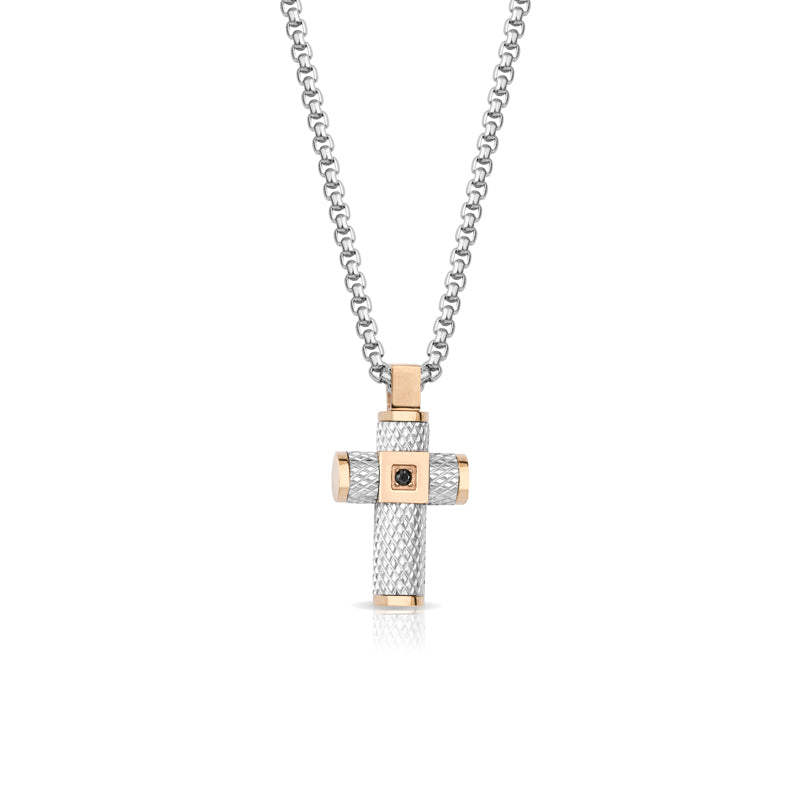 Collana Uomo Arkano Catena Tubo  Acciaio Croce Lavorazione Barilotto Rosè CR11NB