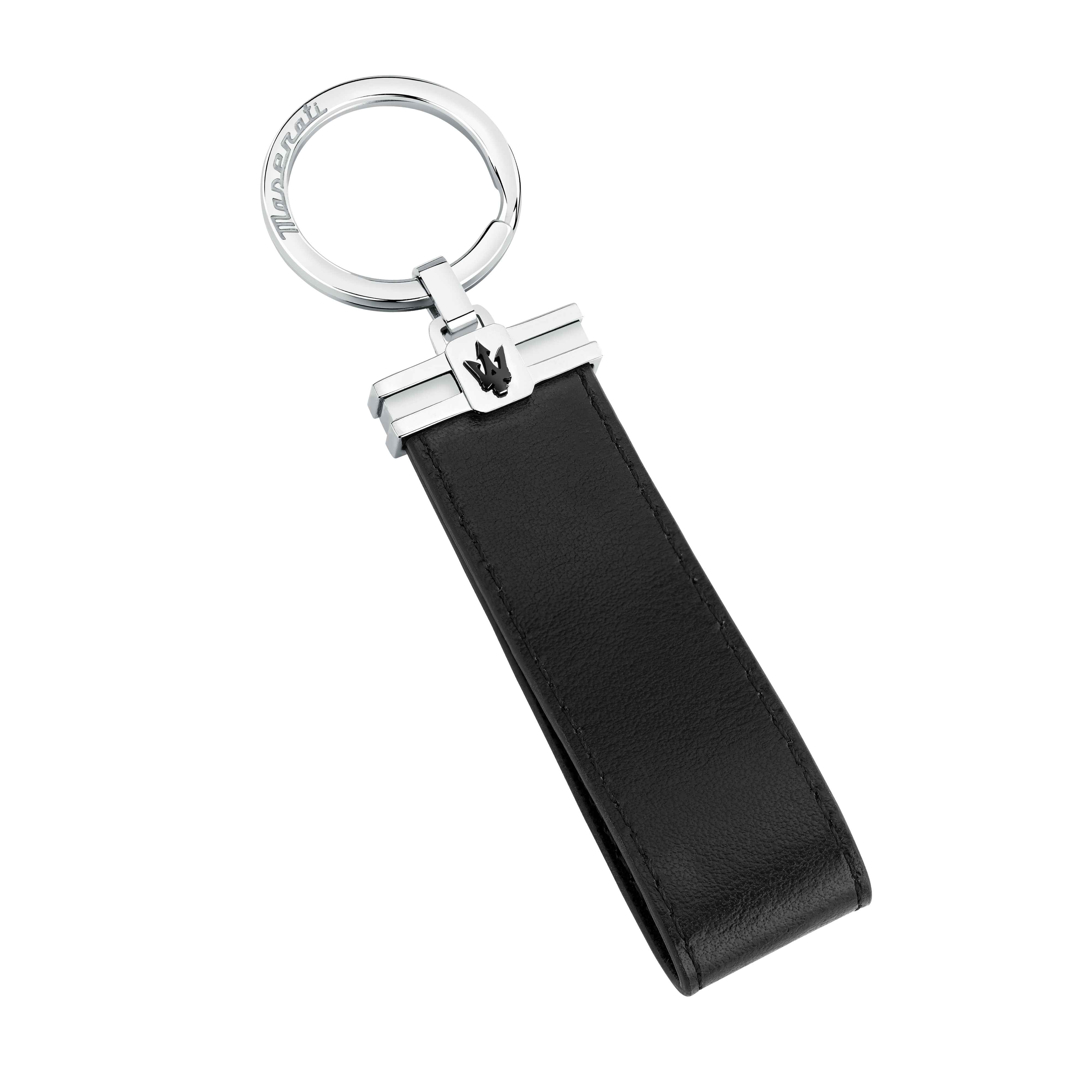 Portachiavi Uomo Maserati Acciaio Lucido Pelle Nera Rigenerata Logo Nero KMU2230102
