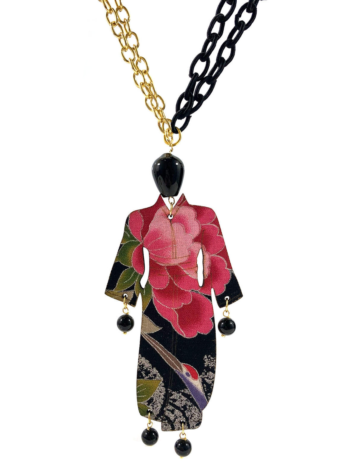 Collana Donna Lebole Tessuto Nero Legno Kimono Grande Maxi CL/KS Nero
