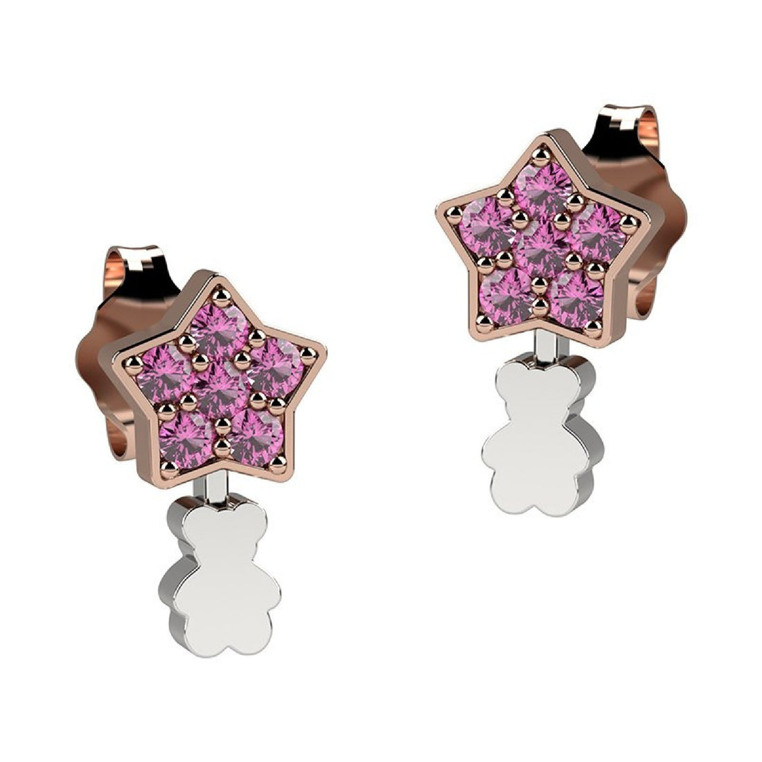 Orecchini Bambina Nanan Argento 925 Stella Rosa Zirconi Rosa Pendente Orso NAN0210