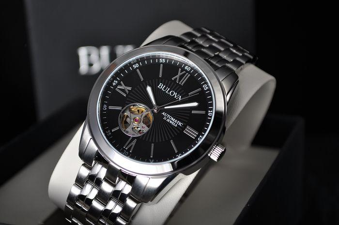Orologio Uomo Bulova Automatico Numeri Romani Acciaio Nero Open Heart 96A158