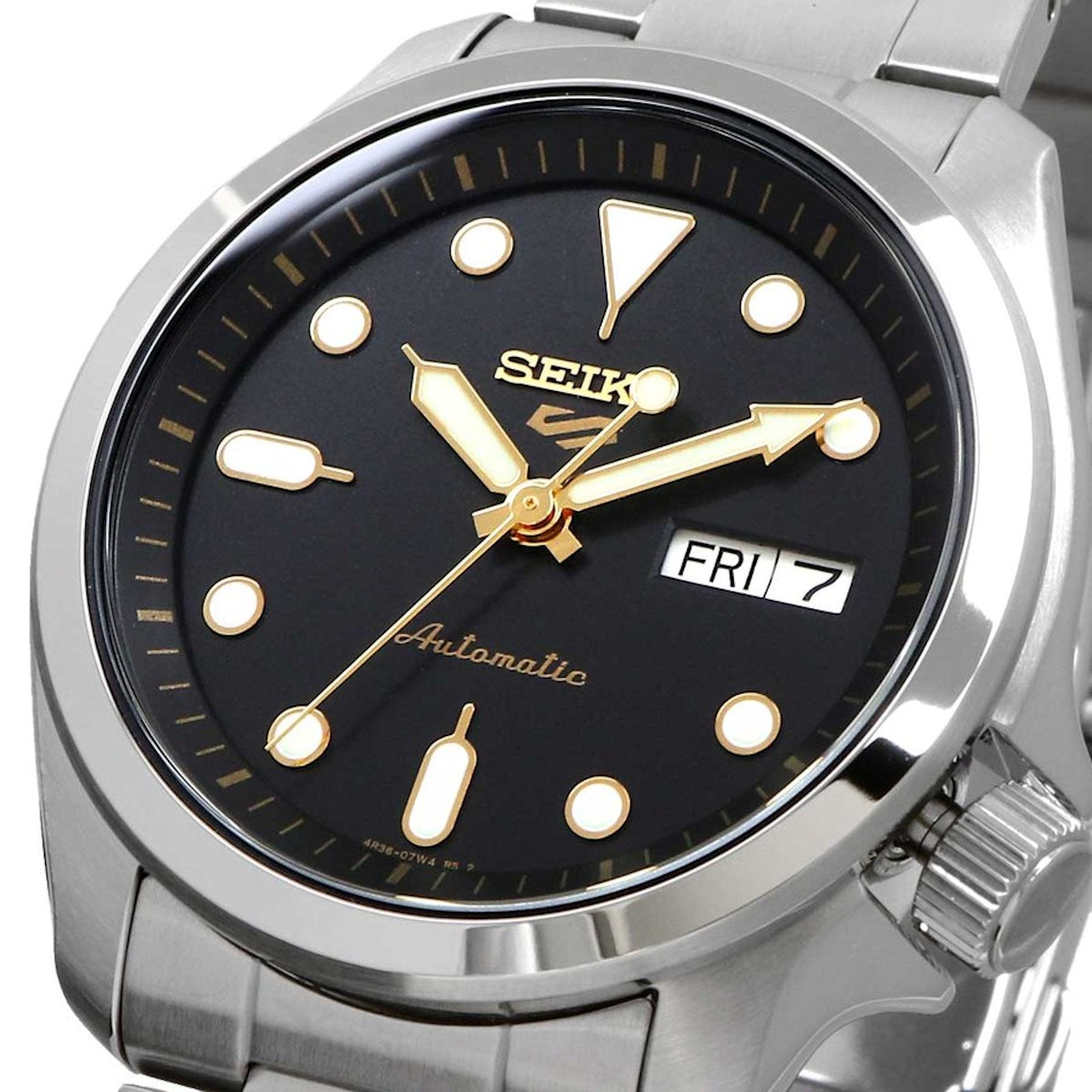 Orologio Uomo Seiko 5 Automatico Doppia Data Acciaio Quadrante Nero Dorato SRPE57K1