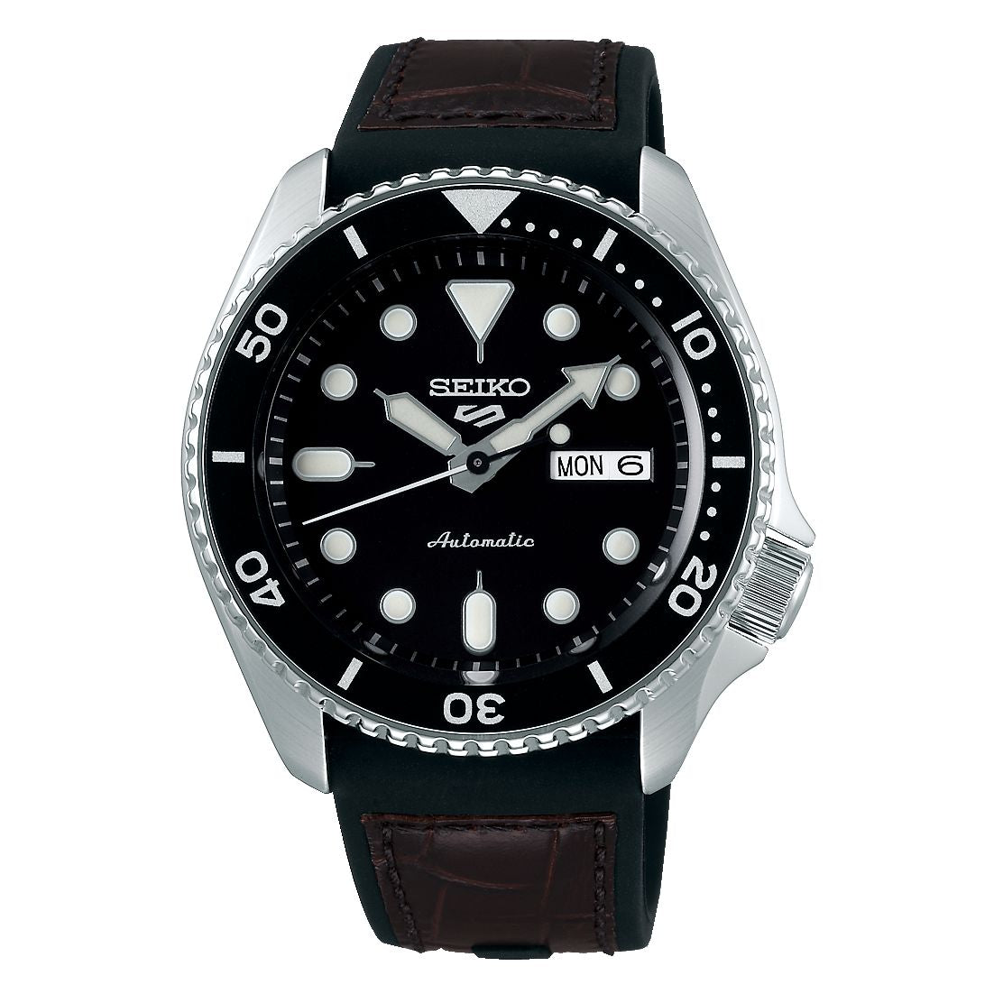 Orologio Uomo Seiko 5 Automatico Doppia Data Nero Acciaio Cinturino Pelle SRPD55K2