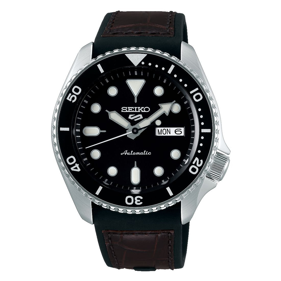 Orologio Uomo Seiko 5 Automatico Doppia Data Nero Acciaio Cinturino Pelle SRPD55K2
