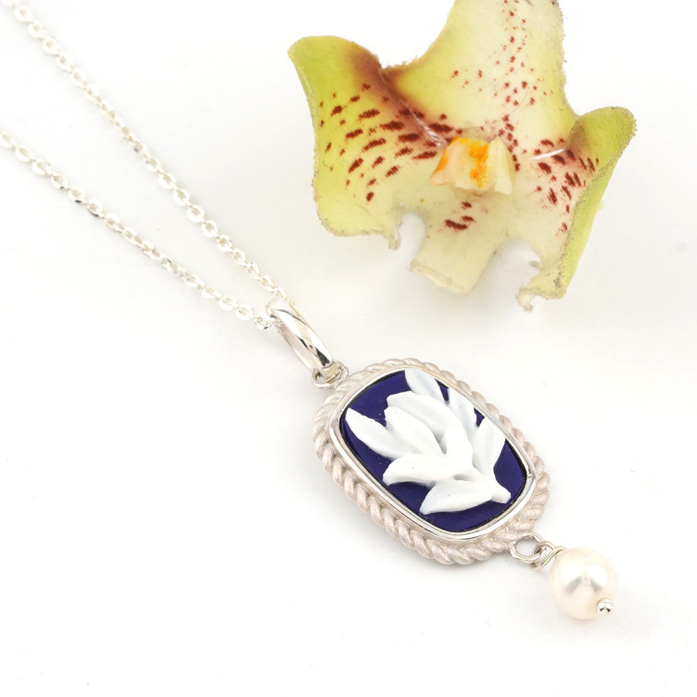 Pendente Donna Cameo Italiano Argento 925 Fiore Calla Incisa Cammeo Blu P501SPM-B